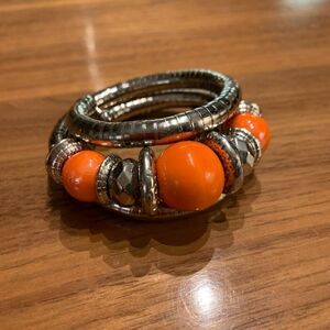Bracelet, fashion, silver and orange coil, large scale, boho, native, cowgirl